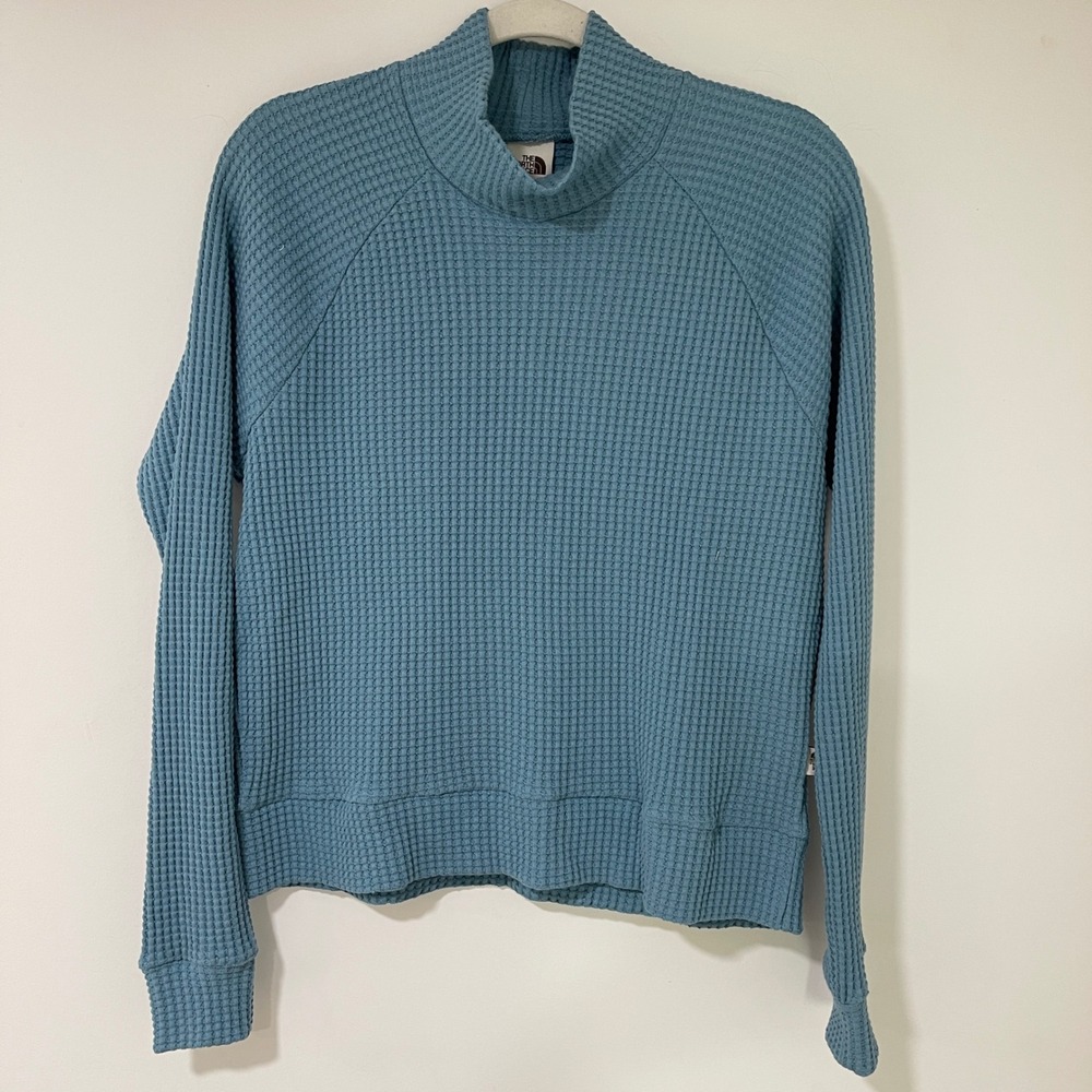 The North Face Chabot‎ Mock Neck Sweater Womens S Algae Blue Waffle Knit Cotton